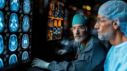 Obraz premium Two doctors are looking at a computer screen with a brain scan
