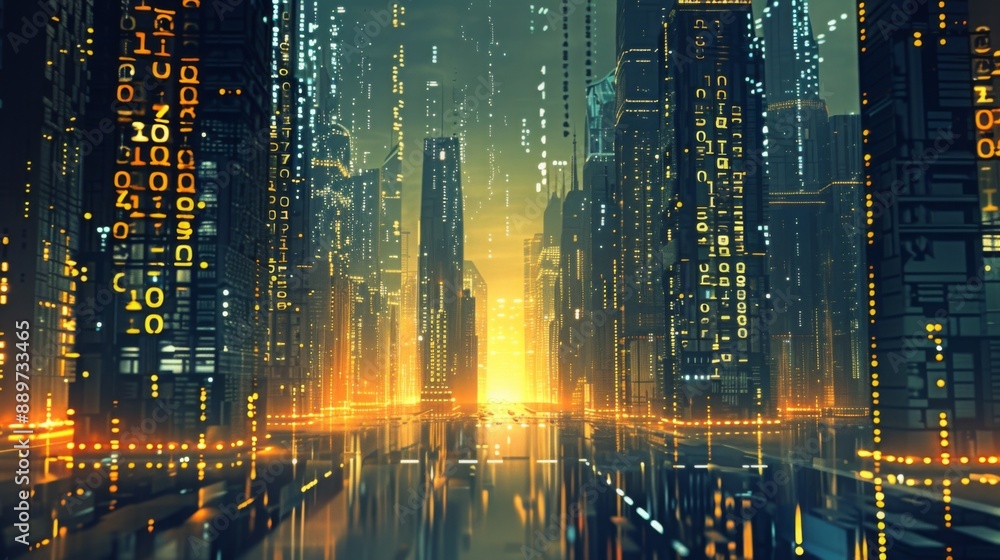 Poster A digital city with tall towers covered in binary code, illuminated by a glowing orange sunset reflecting in the wet street below.
