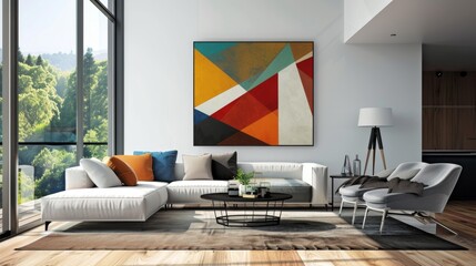 A modern living room with a large geometric abstract painting, adding a dynamic focal point to the minimalist decor