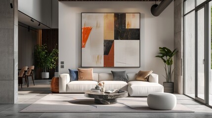 A modern living room with a large geometric abstract painting, adding a dynamic focal point to the minimalist decor