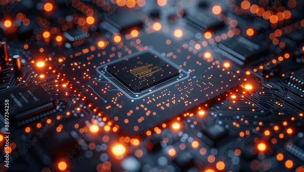Poster close-up of a circuit board with glowing components