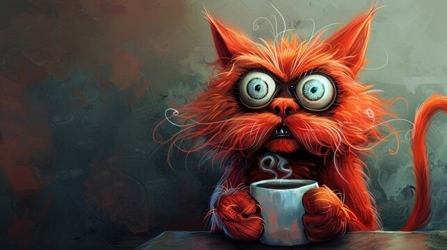 Grumpy orange cartoon cat with coffee, for humorous or cute content