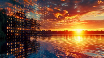 A sunset over a lake with binary code overlay, blending nature with technology in a scenic view