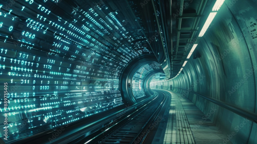 Aufkleber A tunnel lined with binary code, illuminated by a bright light at the end, creating a futuristic and abstract vision.