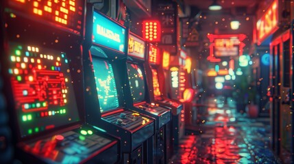 Retro Arcade Row In A Neon-Lit Night City