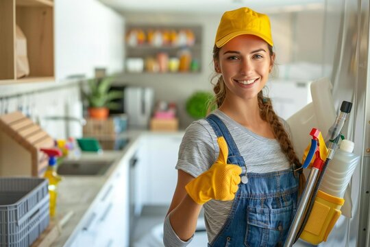 - A professional housemaid standing in a clean kitchen, holding cleaning equipment and giving a thumbs up to show satisfaction with her work.