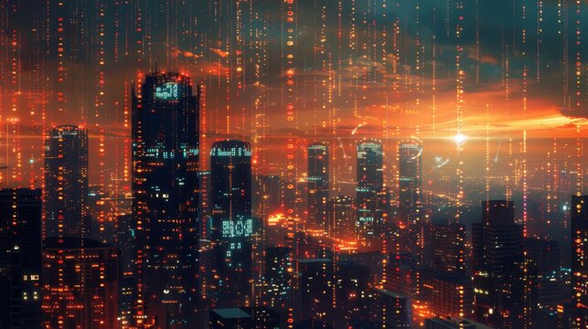 A cityscape at sunset, with tall buildings silhouetted against a bright orange sky. Digital rain falls from the sky, creating a futuristic effect.