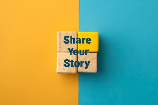 Inspiring Share Your Story Concept on Vibrant Blue and Yellow Background - Powered by Adobe