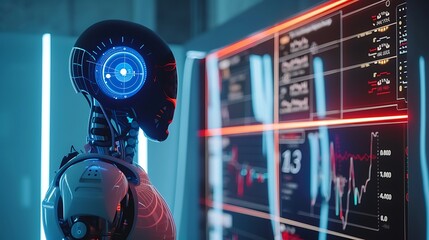 Futuristic Robot Analyzing Data on a Screen