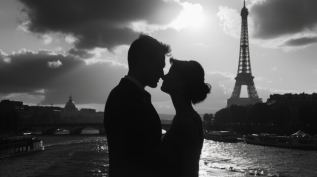 Romantic Silhouette of Man and Woman Embracing in Paris with Eiffel Tower in Background