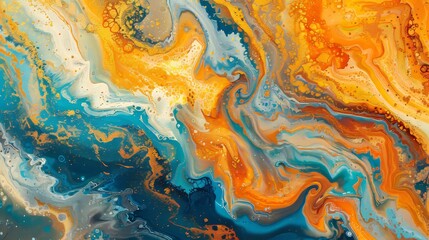 Abstract oil painting in bold hues of orange, gold, and blue. 