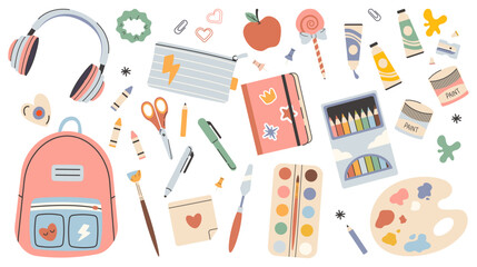 Set of Art Supplies and School Stationery, cartoon style. Kawaii accessories for study, student equipment. Back to school season.