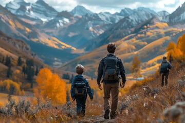 Fototapeta premium Father and Son Hiking Through Autumnal Mountain Landscape