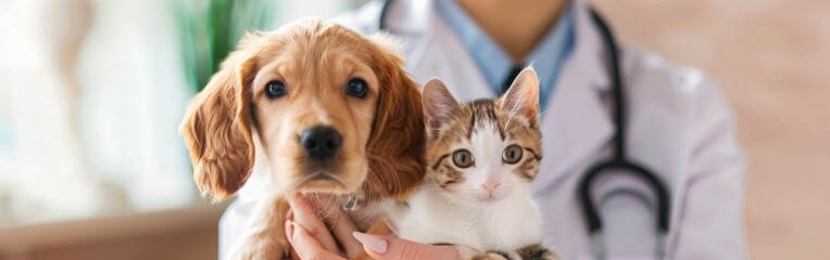 Veterinarian holding a puppy and a kitten, emphasizing pet care and veterinary services. banner