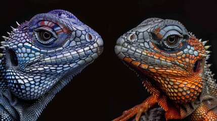 Fototapeta premium Close-up portraits of agama lizards showcasing intricate textures on their skin. 