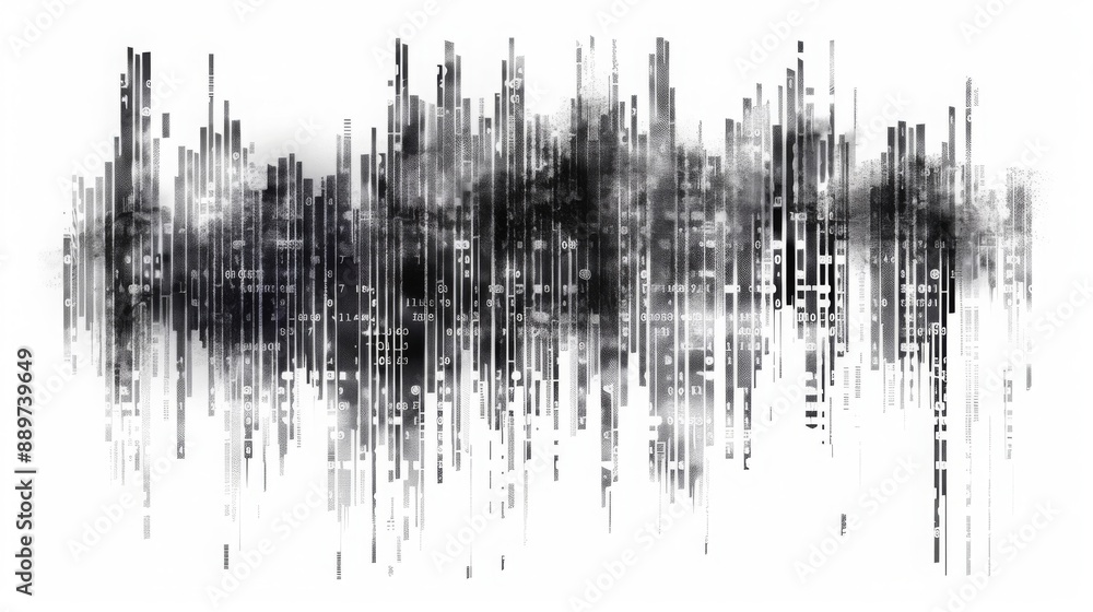 Poster A digital art piece featuring black and white abstract lines resembling data or code, creating a sense of movement and depth.