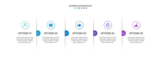 Horizontal progress bar featuring 5 arrow-shaped elements, symbolizing the five stages of business strategy and progression. Clean timeline infographic design template. Vector for presentation