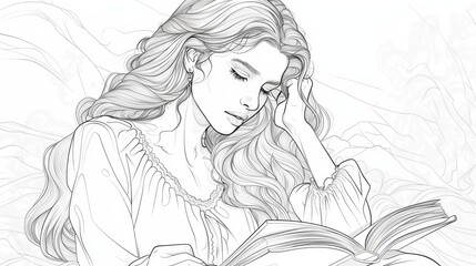 Coloring page/book of a girl reading a book, suitable for drawing, painting, or coloring. Digital and printable formats available. High-quality resolution (300 dpi) for sharp and vibrant results. 