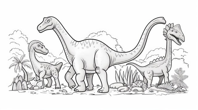 Coloring book page featuring an outline of dinosaurs in a line for easy coloring. 