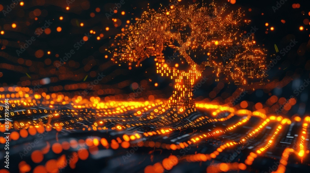 Poster A glowing, abstract tree made of binary code stands on a digital landscape.