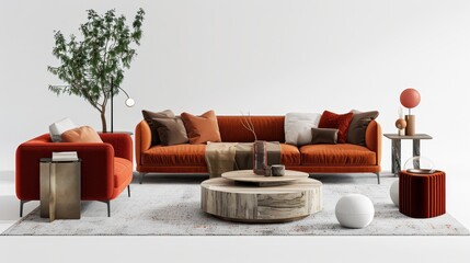 Contemporary furniture for home interiors, digitally rendered against a white backdrop. 