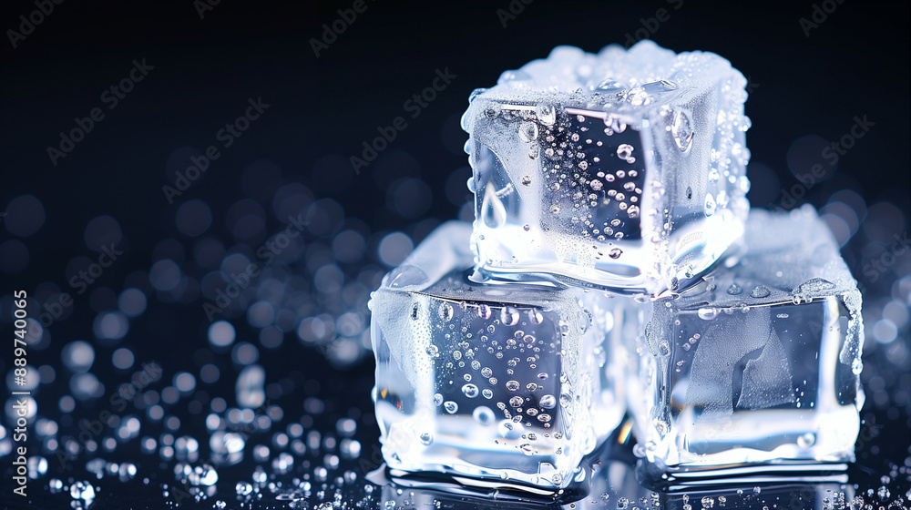 Poster crystal clear ice cubes. frozen translucent ice blocks in macro photography