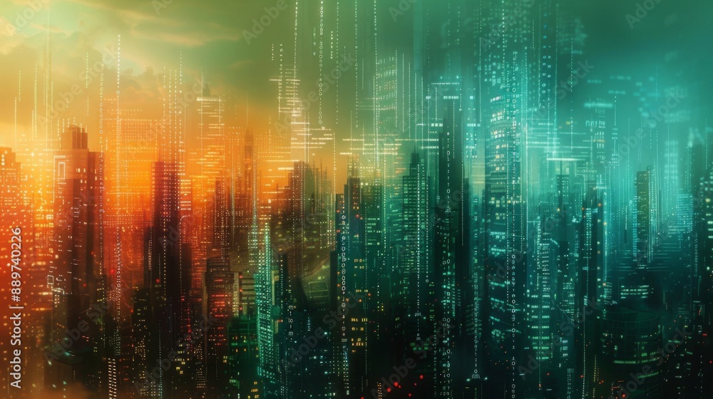 Poster a digital overlay of glowing lines and data streams surrounds a futuristic cityscape at sunset, illu