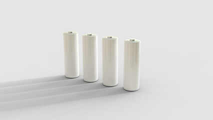 four white AAA batteries standing on a white backdrop