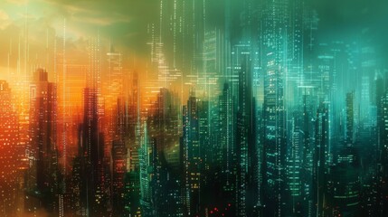 A digital overlay of glowing lines and data streams surrounds a futuristic cityscape at sunset, illuminating the tall buildings with a vibrant orange and green hue.
