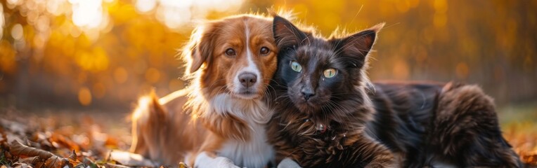 Dog and cat cuddling outdoors on an autumn day, showcasing the warmth and beauty of pet companionship, banner