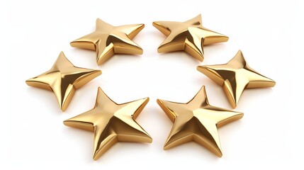 Obraz premium Seven gold stars arranged in a circle on a white background, rendered in 3D. 