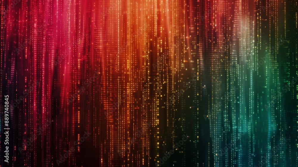 Fototapete Digital rain falls in a colorful abstract pattern against a black background. The rain is made of glowing lines and dots, creating a dynamic and futuristic effect.