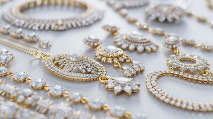 Elegant jewelry set including earrings, necklaces, and bracelets on a pristine white background. 32k, full ultra HD, high resolution