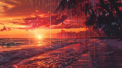 A fiery sunset casts a warm glow over a tropical beach, with palm trees silhouetted against the sky. Digital code overlays the scene, suggesting the merging of nature and technology.