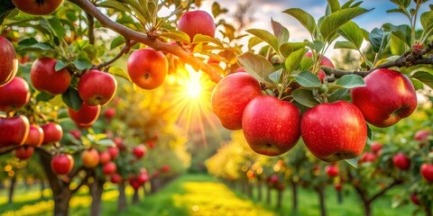 Ripe red apples hanging from branches in an orchard at sunset