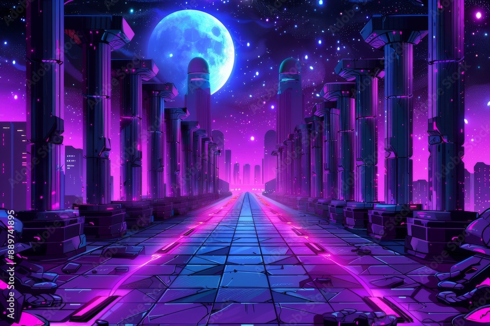 Poster futuristic neon lit pathway leading through ancient columns under a full moon in a surreal cyberpunk