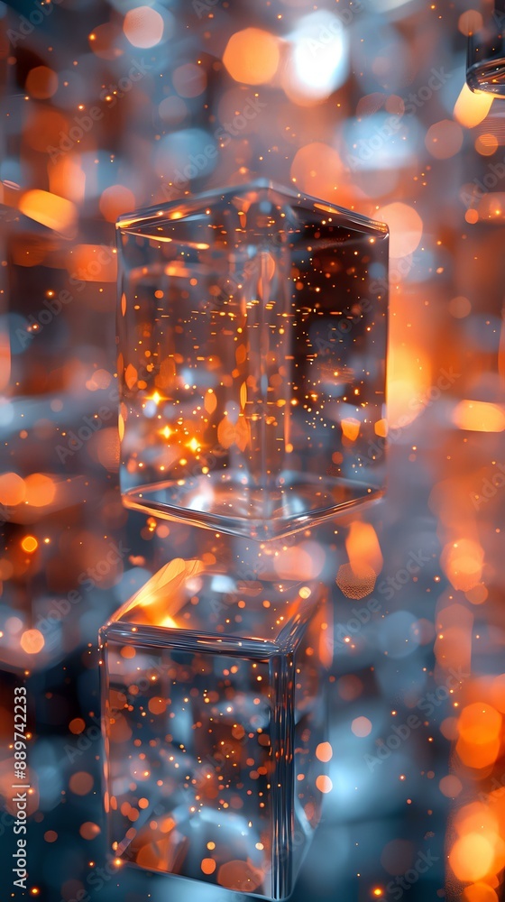 Poster abstract close-up of translucent cubes with embedded particles, surrounded by vibrant orange and blu