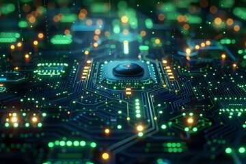 Obraz premium Close-up of a glowing green circuit board with intricate electronic components, symbolizing advanced technology and innovation. Ideal for tech-related projects, electronics, and futuristic 