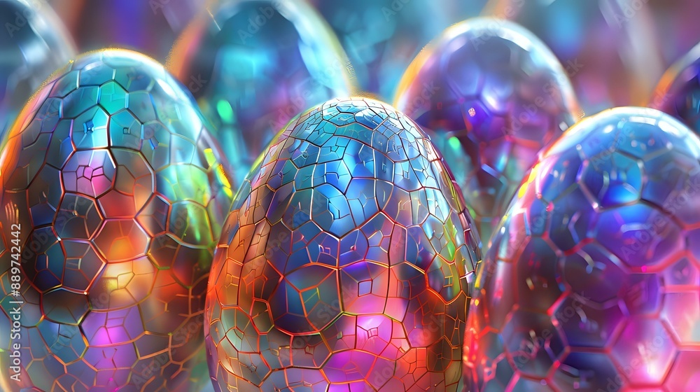 Aufkleber close-up of vibrant, iridescent eggs with a hexagonal pattern, creating a mesmerizing and futuristic