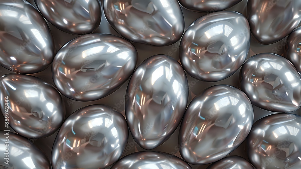 Poster Abstract arrangement of shiny, metallic eggs with smooth surfaces, creating a futuristic and reflective visual. Perfect for modern design, abstract art, and technology-related projects.