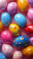 Fototapeta premium Colorful Easter eggs decorated with various patterns and bright hues, arranged on a pink background. Ideal for Easter celebrations, holiday decorations, and festive designs.