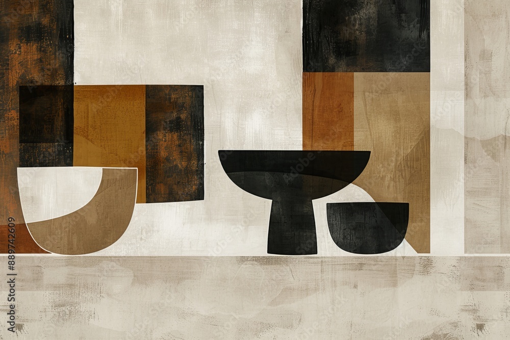 Poster abstract geometric shapes in earthy tones arranged in a mid century modern style creating a balanced