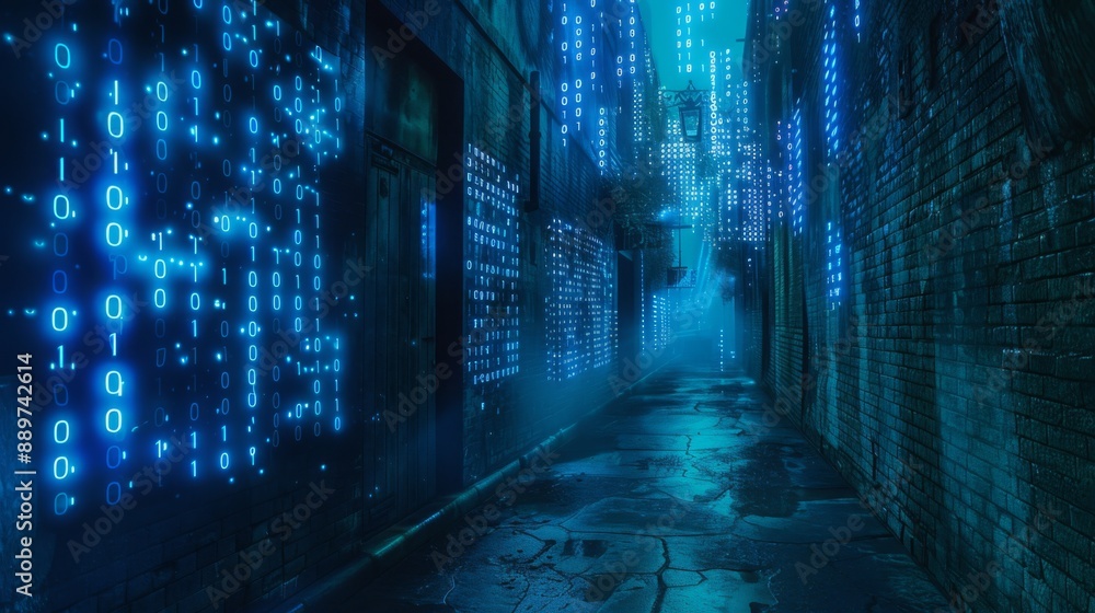 Poster A dark, narrow alleyway illuminated by blue glowing binary code patterns.