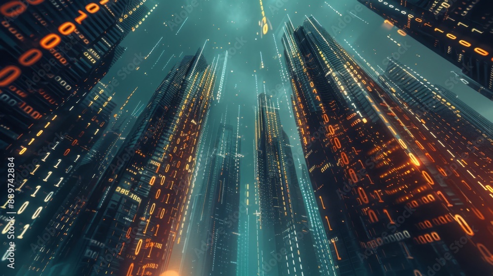 Poster A digital cityscape with towering skyscrapers made of binary code, viewed from a low angle, showing a vast expanse of glowing, futuristic architecture.