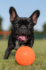 Fototapeta premium Joyful french bulldog playing with a ball in the grass on a sunny day