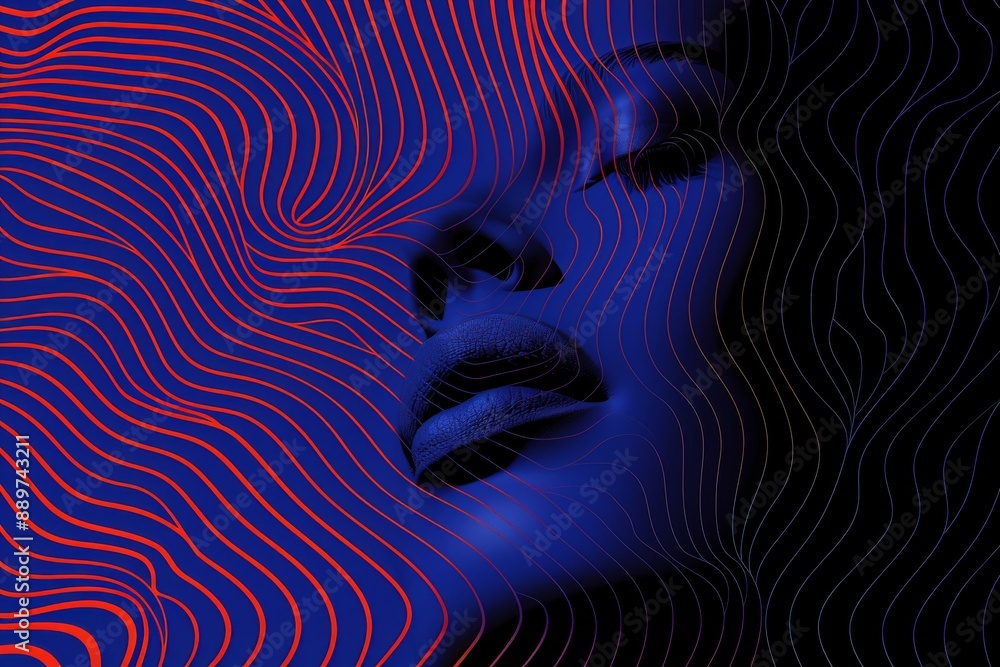 Poster abstract neon colored lines forming the face of a woman on a dark background creating a dynamic and 