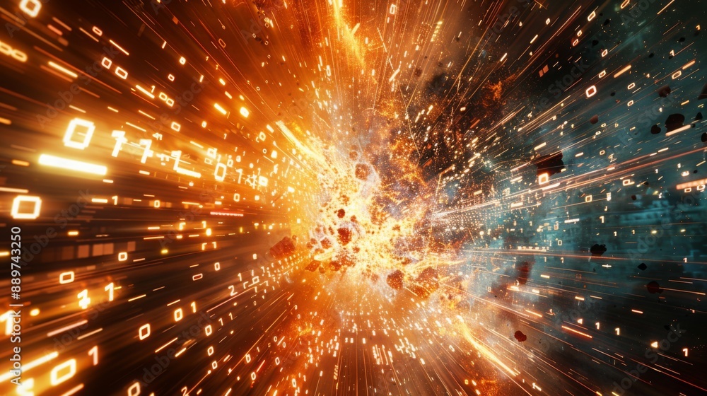 Poster A fiery explosion in a digital space, filled with glowing binary code and streaks of light.