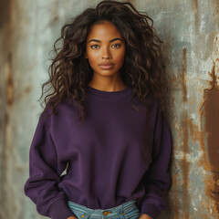 Black Woman Wearing Dark Purple Crewneck Sweatshirt with Concrete Wall Background