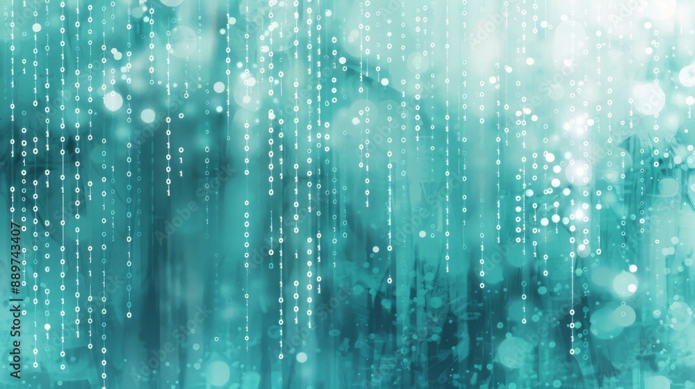 Aufkleber Abstract teal background with binary code cascading down in the center. Blurred white circles create a bokeh effect.
