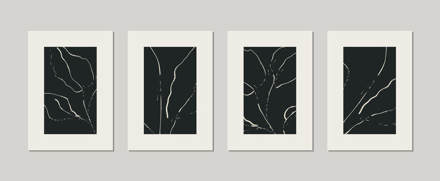 Hand drawn minimal abstract organic patterns. Set of contemporary botanical prints. Trendy vector template for posters, greeting cards, e-commerce thank you cards, invitation or product design.